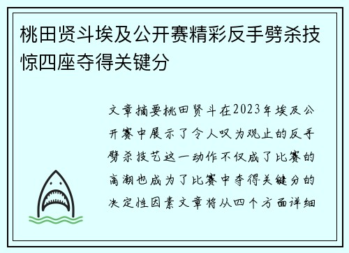 桃田贤斗埃及公开赛精彩反手劈杀技惊四座夺得关键分