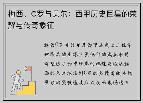 梅西、C罗与贝尔：西甲历史巨星的荣耀与传奇象征